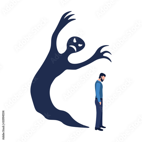 Concept of anxiety disorders, mental illness, stress and depression. A man with inner fear stands with his head down and a shadow behind in the form of a monster. Isolated vector illustration.