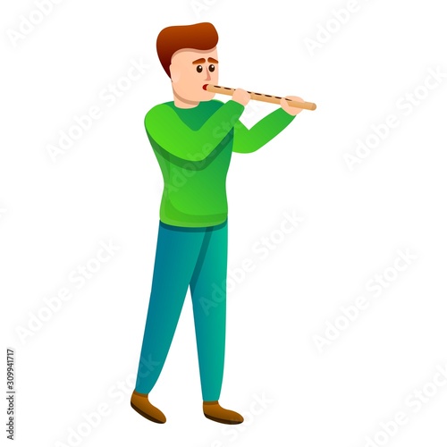 Boy playing on flute icon. Cartoon of boy playing on flute vector icon for web design isolated on white background