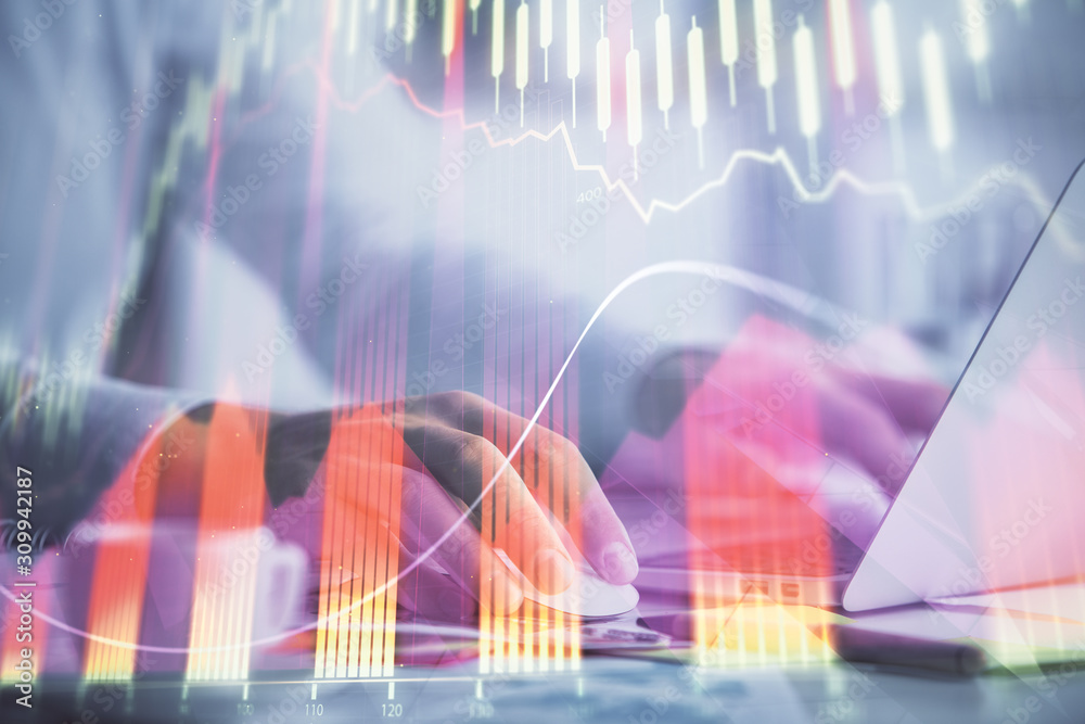 Double exposure of forex graph with man working on computer on background. Concept of market analysis. Double exposure of forex graph with man working on computer on background. Concept of market analysis.