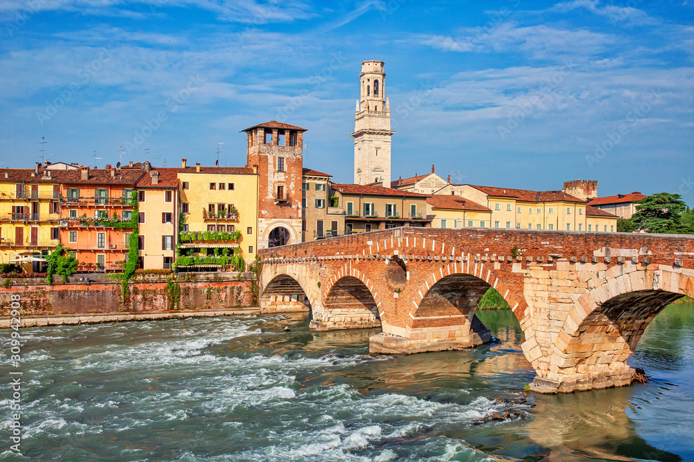 Beautiful cityscape of Verona with Pietra bridge, urban background