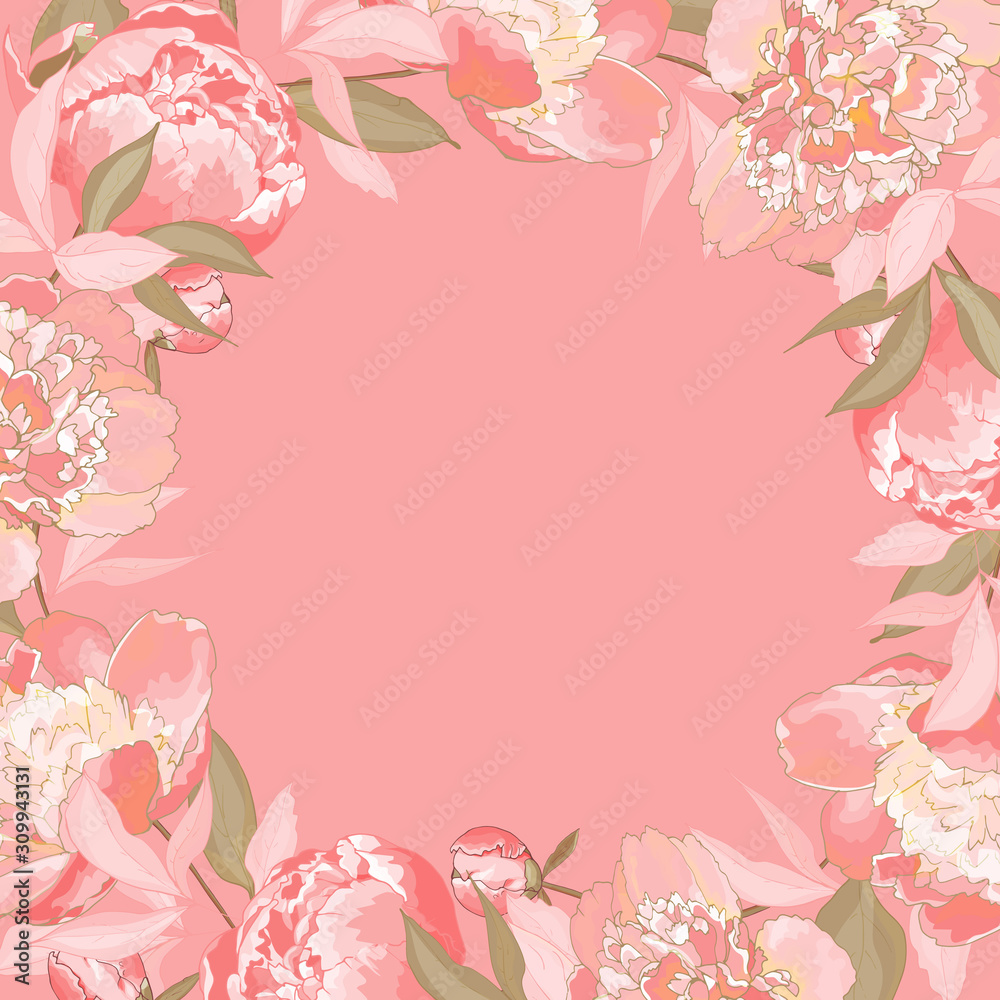 Pink floral frame with light pink flowers peonies, green leaves. Copy space. Hand drawn. For your design, greeting cards, invitation. Vector stock illustration. 