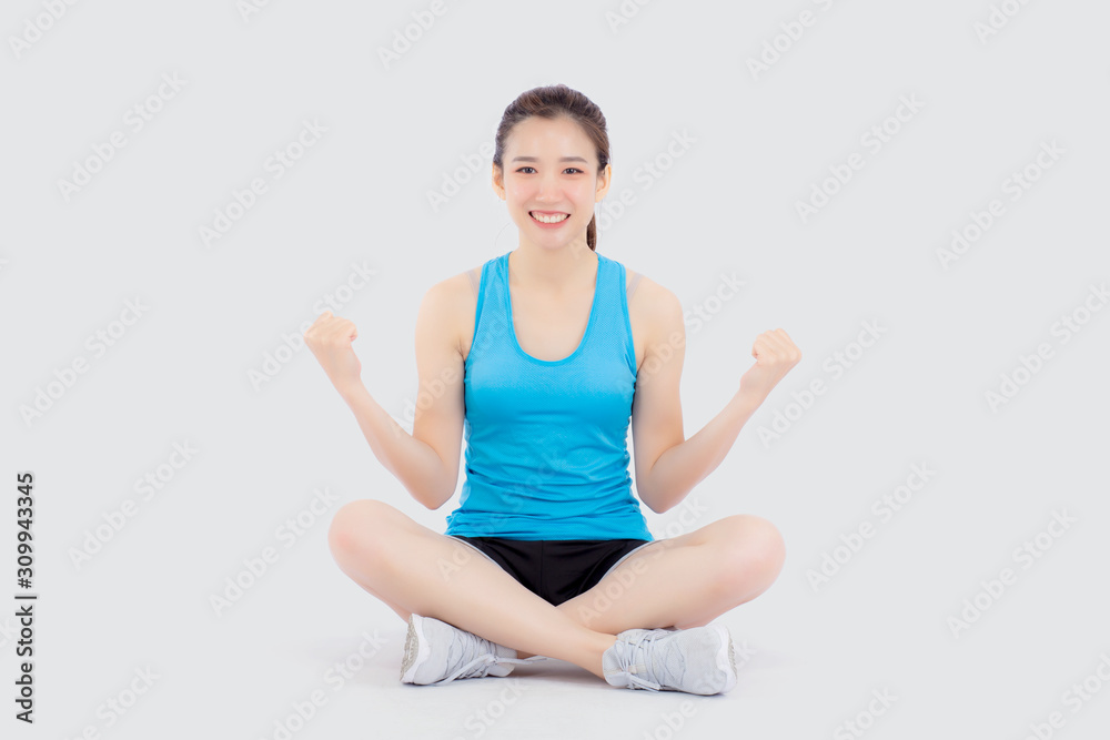 Beautiful portrait young asian woman in sport excited and success satisfied and confident isolated on white background, asia girl glad have shape and wellness, exercise for fit with health concept. Beautiful portrait young asian woman in sport excited and success satisfied and confident isolated on white background, asia girl glad have shape and wellness, exercise for fit with health concept.
