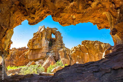 View from cave to bizarre rock formation at Stadsaal, Cederberg Wilderness Area, South Africa