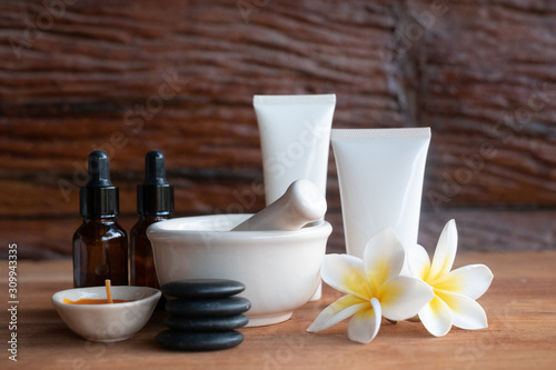 Spa and wellness setting with flowers homemade ingredients . Dayspa nature products with nature background.