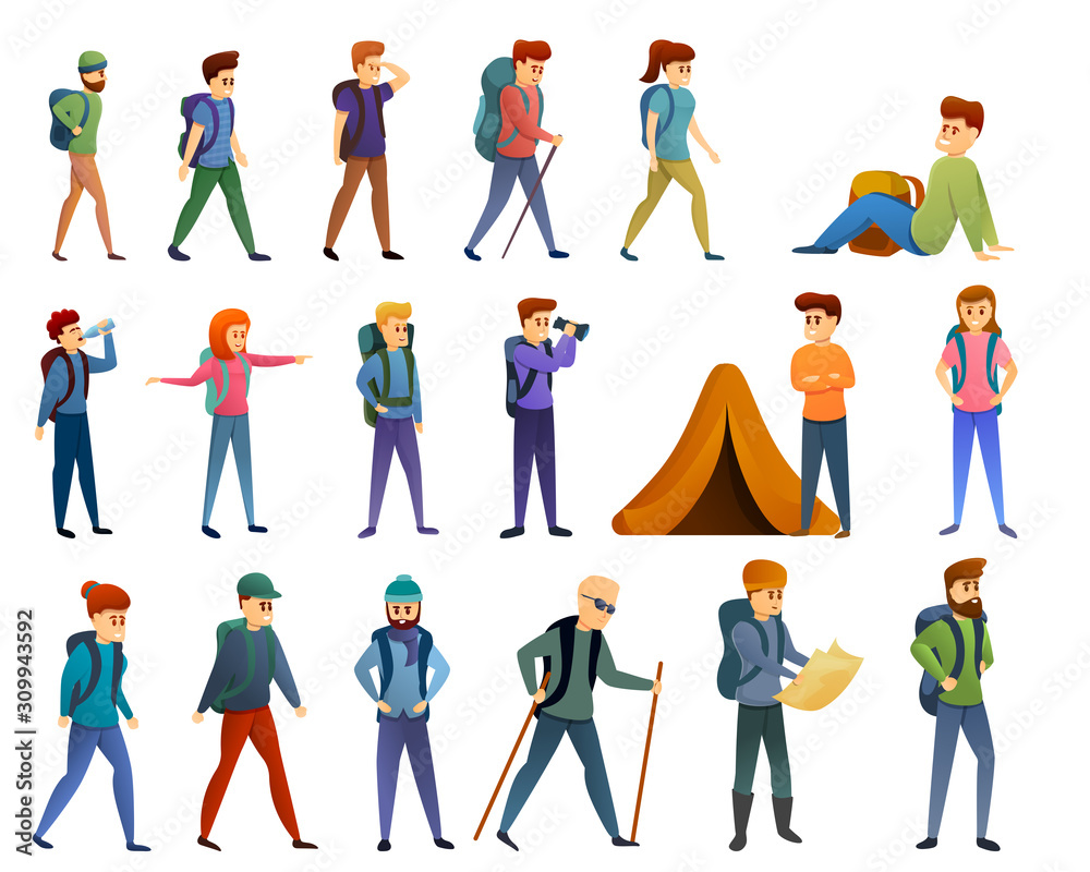Hiking icons set. Cartoon set of hiking vector icons for web design
