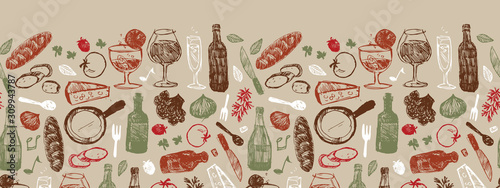 Vector light brown bar italia sketch illustration horizontal border pattern with bottles, wine glasses, bread, tomatoes and cheese. Perfect for fabric, restaurant menu and wallpaper projects.