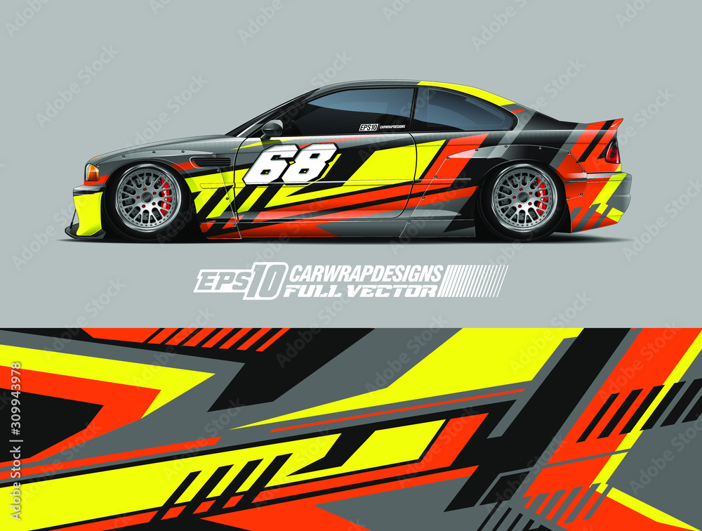 Racing car wrap design vector. Graphic abstract stripe racing background kit designs for wrap vehicle, race car, rally, adventure and livery. Full vector eps 10 Racing car wrap design vector. Graphic abstract stripe racing background kit designs for wrap vehicle, race car, rally, adventure and livery. Full vector eps 10