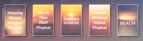 Set of golden sunset and sunrise paper cards with text. Blurred modern gradient mesh background.