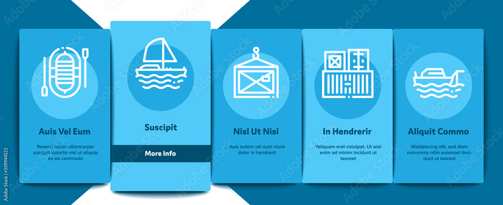 Marine Port Transport Onboarding Mobile App Page Screen. Port Dock And Harbor, Lighthouse And Anchor, Captain And Sailor, Crane And Ship Concept Illustrations