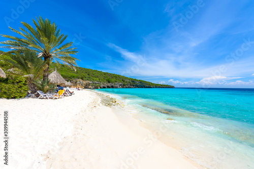 Fototapeta Naklejka Na Ścianę i Meble -  Cas Abao beach - paradise white sand Beach with blue sky and crystal clear blue water in Curacao, Netherlands Antilles, a Caribbean tropical Island