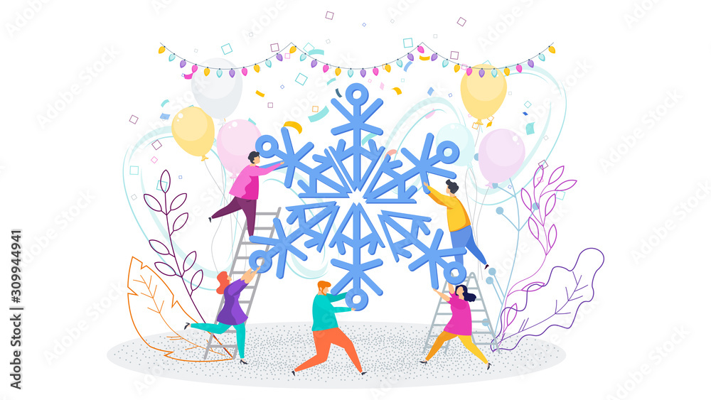 Tiny people hold huge Snowflake. Christmas and New Year greating card.