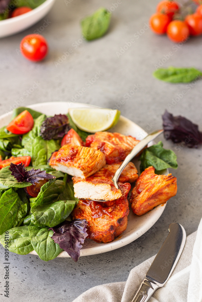 Roast chicken or turkey fillet with salad. Hot escalope of turkey or chicken with red sauce and salad. Healthy balanced eating. Roast chicken or turkey fillet with salad. Hot escalope of turkey or chicken with red sauce and salad. Healthy balanced eating.