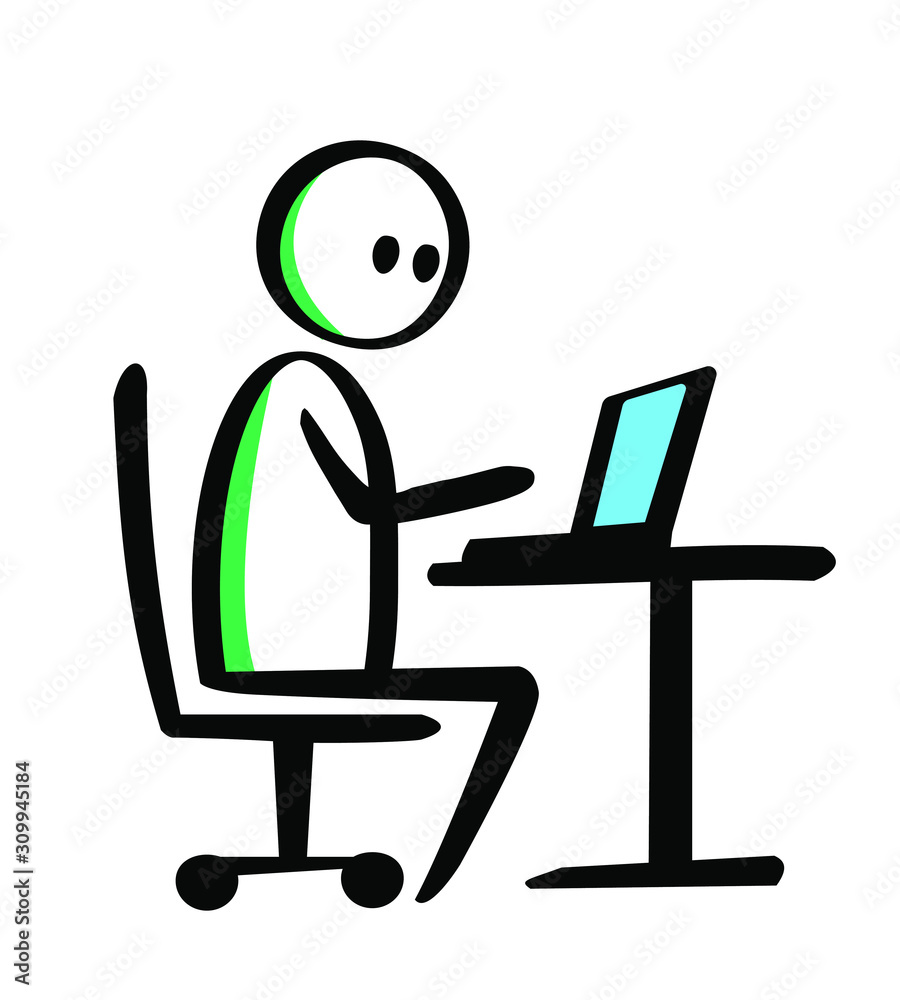 Flipchart style drawing of man behind the desk with laptop - line art illustration for presentations Flipchart style drawing of man behind the desk with laptop - line art illustration for presentations