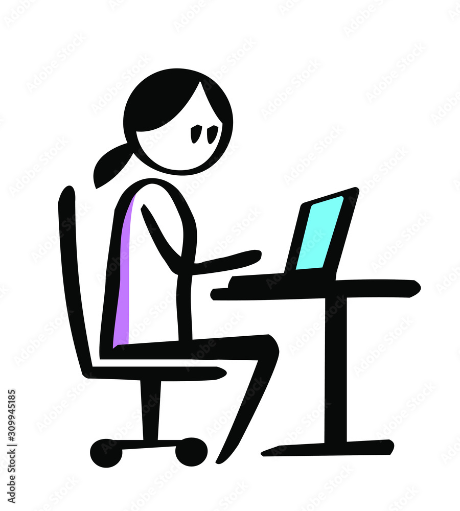 Flipchart style drawing of woman behind the desk with laptop - line art illustration for presentations Flipchart style drawing of woman behind the desk with laptop - line art illustration for presentations
