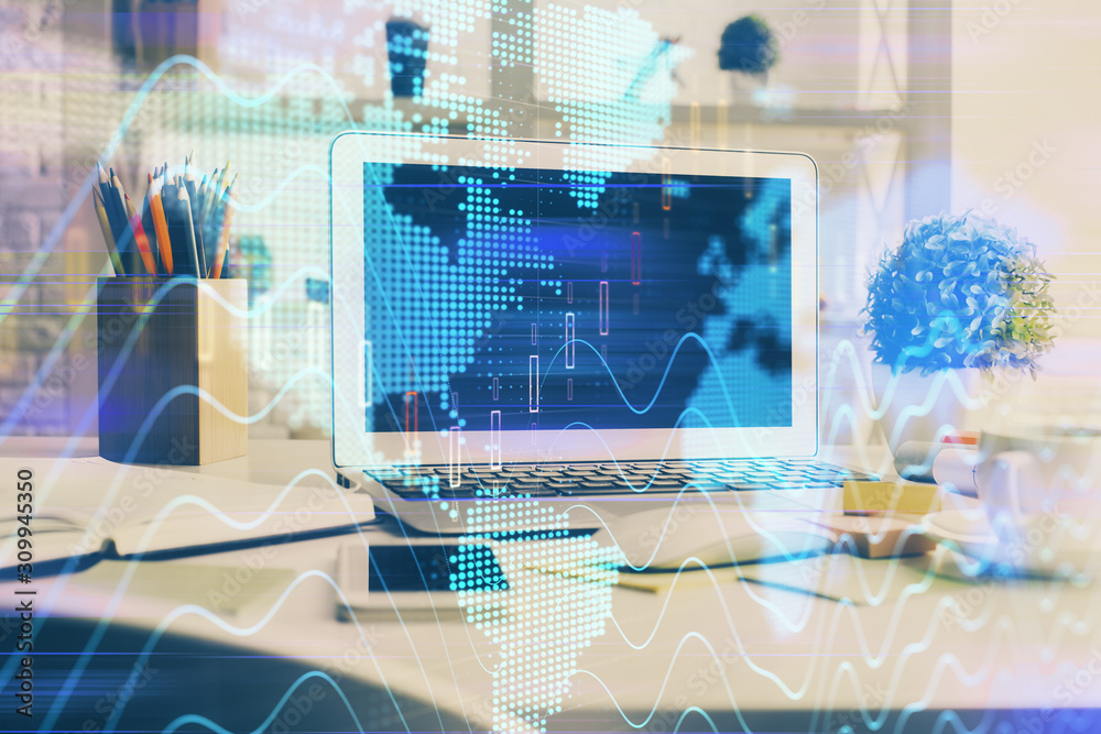 Stock market chart hologram drawn on personal computer background. Double exposure. Concept of investment. Stock market chart hologram drawn on personal computer background. Double exposure. Concept of investment.