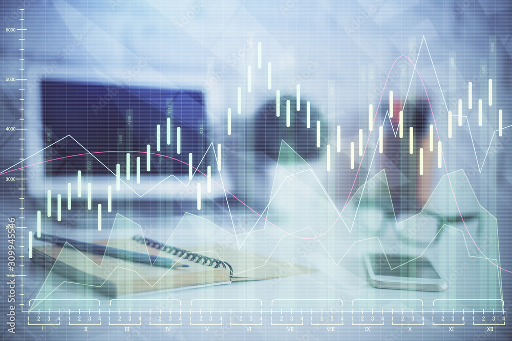 Multi exposure of forex chart and work space with computer. Concept of international online trading. Multi exposure of forex chart and work space with computer. Concept of international online trading.