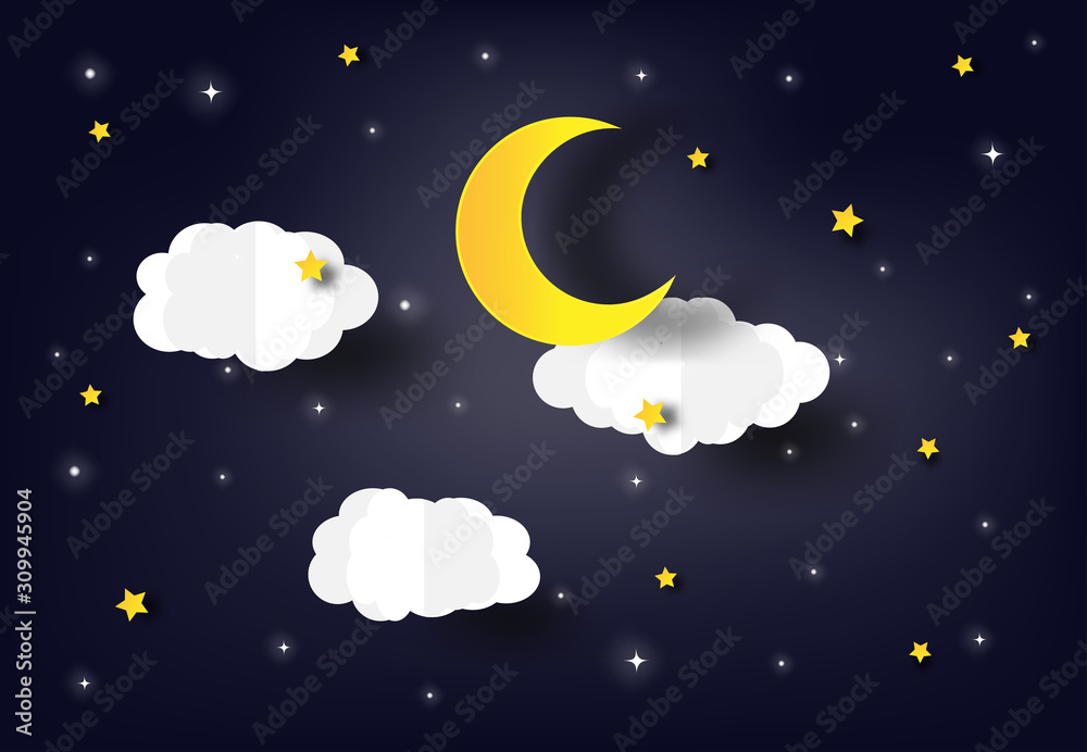 night sky with stars and moon. paper art style.Vector of a crescent ...
