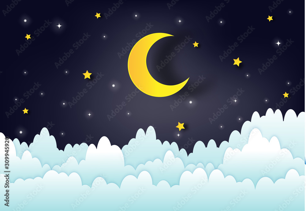 Naklejka premium night sky with stars and moon. paper art style.Vector of a crescent moon with stars on a cloudy night sky. Moon and stars background.Vector EPS 10.