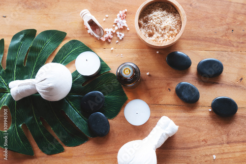 Spa wellness Relax concept. Spa background with spa accessories on wooden background. Top view with copy space.