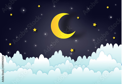 night sky with stars and moon. paper art style.Vector of a crescent moon with stars on a cloudy night sky. Moon and stars background.Vector EPS 10.