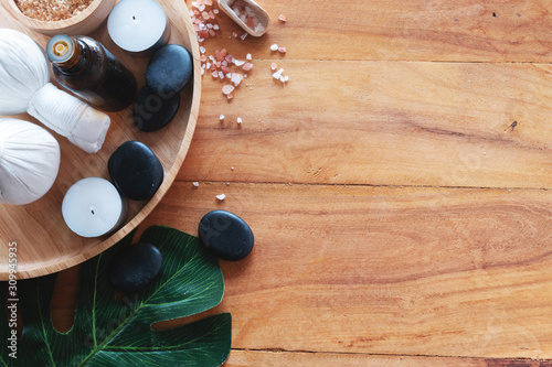 Spa wellness Relax concept. Spa background with spa accessories on wooden background. Top view with copy space.