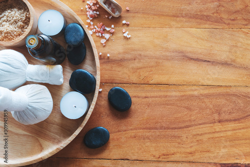 Spa wellness Relax concept. Spa background with spa accessories on wooden background. Top view with copy space.
