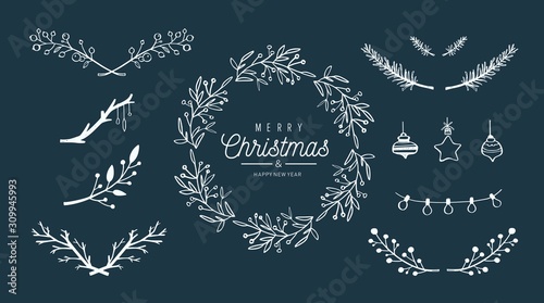 Merry Christmas vector hand drawn decoration set. Christmas wreath, mistletoe brunches, berries, decor