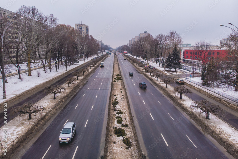 Naklejka premium The streets of Chisinau in winter. Aerial view