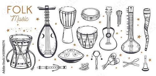 Ethnic, folk music festival vector poster, background. Different music traditional folk instruments. handwritten Lettering
