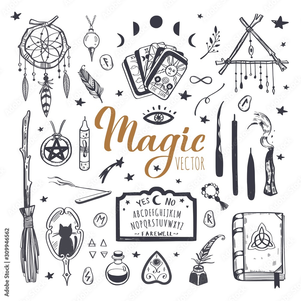 Witchcraft, magic background for witches and wizards. Wicca and pagan tradition. Vector vintage collection. Hand drawn elements candles, book of shadows, potion, tarot cards etc. Witchcraft, magic background for witches and wizards. Wicca and pagan tradition. Vector vintage collection. Hand drawn elements candles, book of shadows, potion, tarot cards etc.