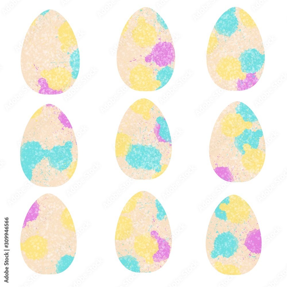 set of easter eggs with colorful splash isolated on white
