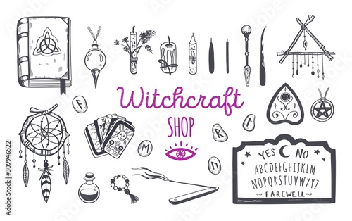 Witchcraft, magic background for witches and wizards. Wicca and pagan tradition. Vector vintage collection. Hand drawn elements candles, book of shadows, potion, tarot cards etc.
