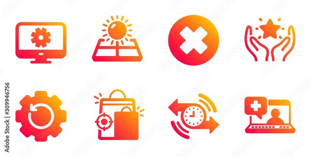 Timer, Ranking and Recovery gear line icons set. Sun energy, Monitor settings and Seo shopping signs. Close button, Medical help symbols. Stopwatch, Hold star. Technology set. Vector