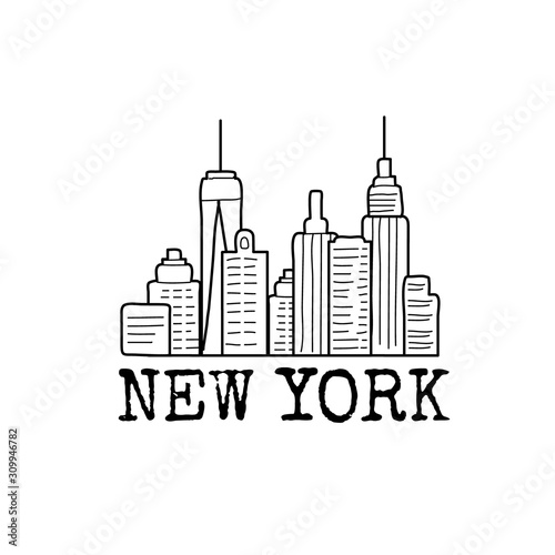 New York skyline cityscape line drawing. Vector sketch illustration