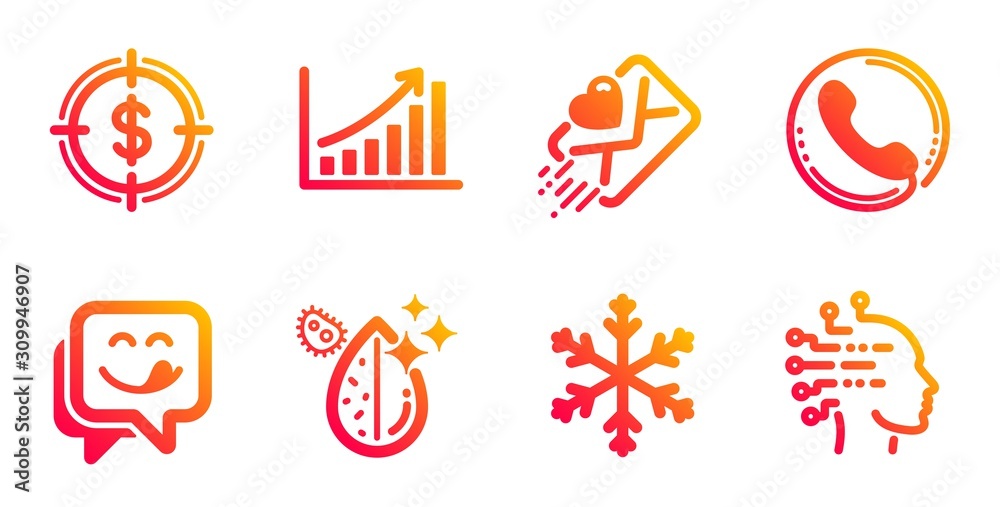 Dollar target, Graph chart and Love letter line icons set. Call center, Yummy smile and Snowflake signs. Dirty water, Artificial intelligence symbols. Aim with usd, Growth report. Vector Dollar target, Graph chart and Love letter line icons set. Call center, Yummy smile and Snowflake signs. Dirty water, Artificial intelligence symbols. Aim with usd, Growth report. Vector
