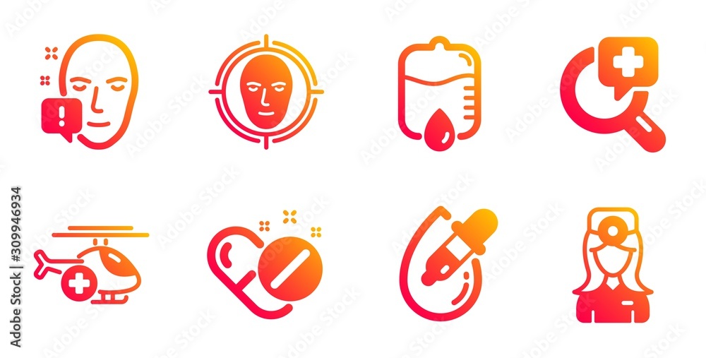 Eye drops, Face attention and Drop counter line icons set. Medical helicopter, Medical pills and Face detect signs. Oculist doctor symbol. Pipette, Exclamation mark. Healthcare set. Vector