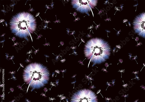 Seamless colorful flowers on black background. Floral fashion print for fabric. Flying Dandelions. - illustration