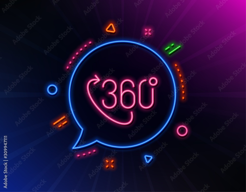 360 degree line icon. Neon laser lights. VR technology simulation sign. Panoramic view symbol. Glow laser speech bubble. Neon lights chat bubble. Banner badge with 360 degree icon. Vector