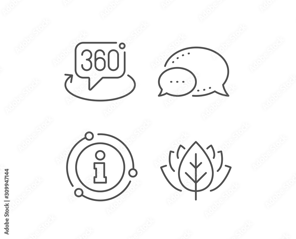 360 degree line icon. Chat bubble, info sign elements. VR technology simulation sign. Panoramic view symbol. Linear 360 degree outline icon. Information bubble. Vector