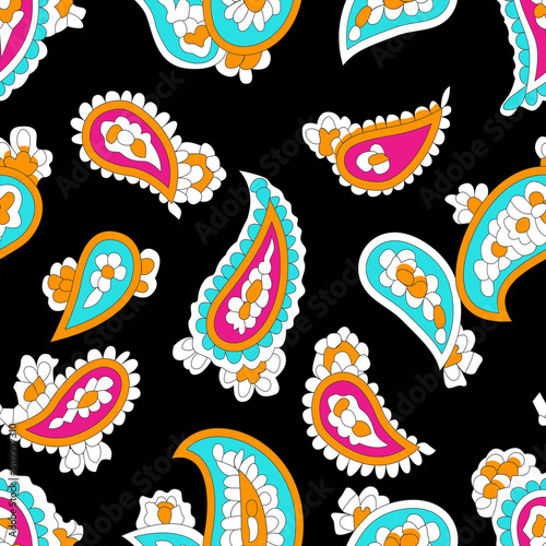 Colorful paisley pattern. Seamless oriental background.Traditional, ethnic print on black background. - Illustration
