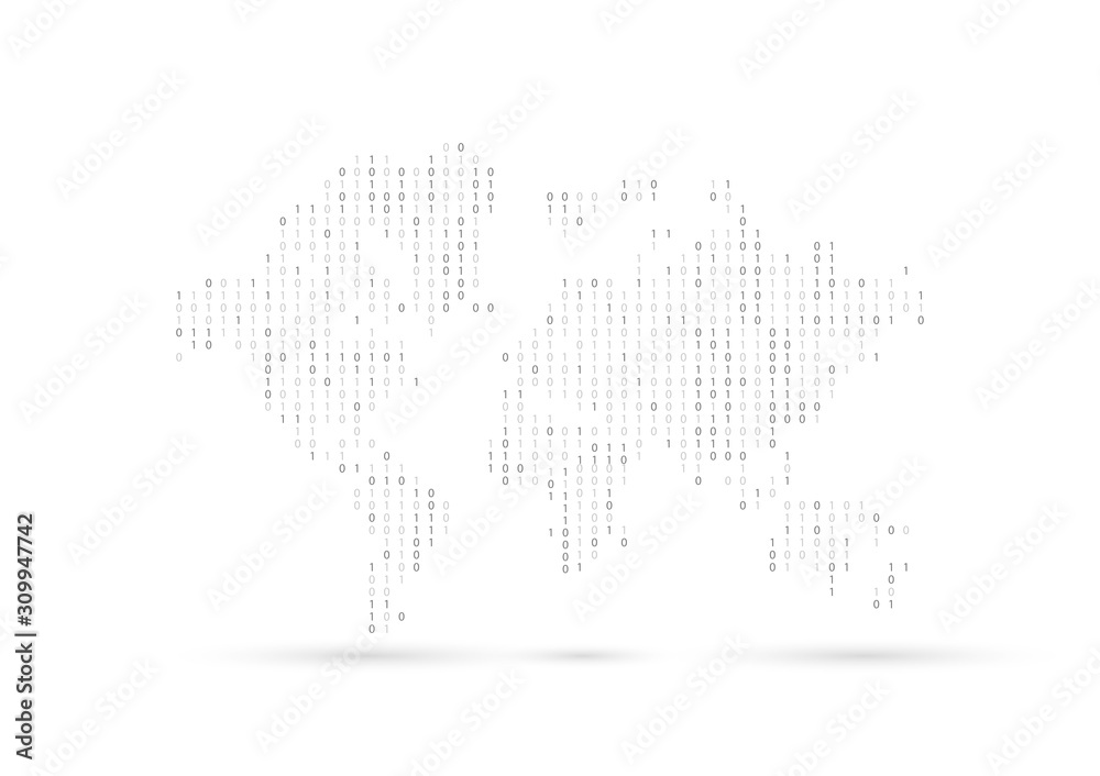 World map Binary code black and white background with digits on screen.Digital technology wallpaper. Cyber data, decryption and encryption. Hacker background concept.