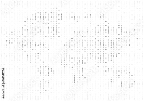 World map Binary code black and white background with digits on screen.Digital technology wallpaper. Cyber data, decryption and encryption. Hacker background concept.
