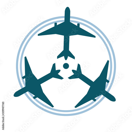 A Logo with three planes flying out of point isolated on white background for design, a vector stock illustration with passenger plane