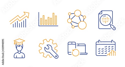 Recovery devices, Bar diagram and Analytics chart line icons set. Customisation, Integrity and Demand curve signs. Student, Calendar graph symbols. Backup data, Statistics infochart. Vector