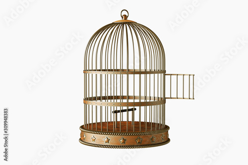 Obraz na plátne Vintage metal bird cage with door open isolated on white background