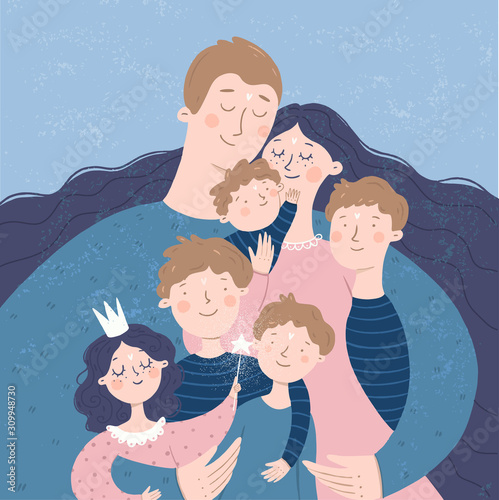 Happy family. Vector illustration of mother, father and children: daughter and son, hugging and joyful. Isolated freehand drawing for card, background or poster.