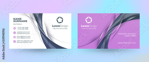 Double-sided horizontal business card template. Vector mockup illustration. Stationery design. Halftone texture