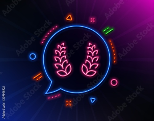 Laurel wreath line icon. Neon laser lights. Reward symbol. Winner award sign. Glow laser speech bubble. Neon lights chat bubble. Banner badge with laurel wreath icon. Vector