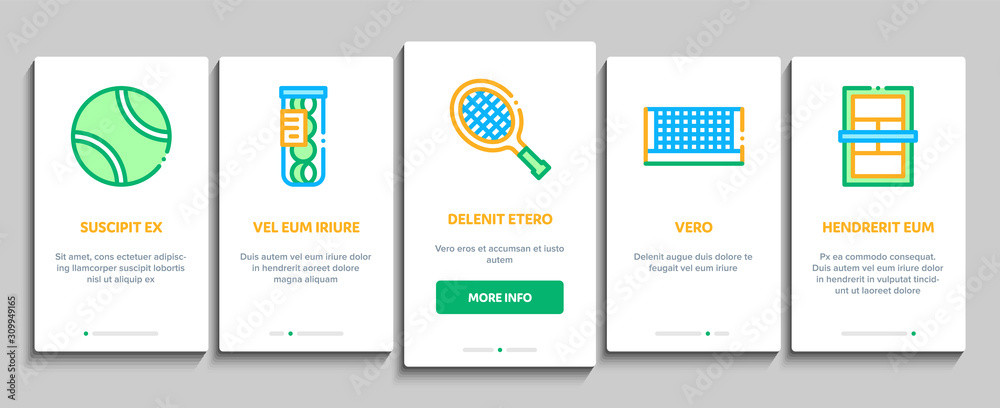 Tennis Game Equipment Onboarding Mobile App Page Screen. Racket And Tennis Field, Cup And Tracksuit, Ball Basket And Player Concept Illustrations