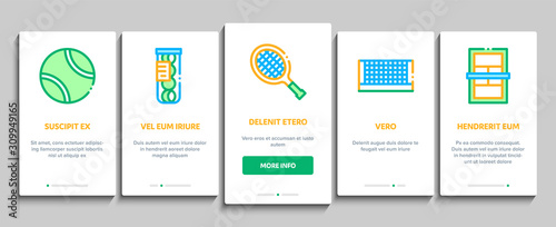 Tennis Game Equipment Onboarding Mobile App Page Screen. Racket And Tennis Field, Cup And Tracksuit, Ball Basket And Player Concept Illustrations